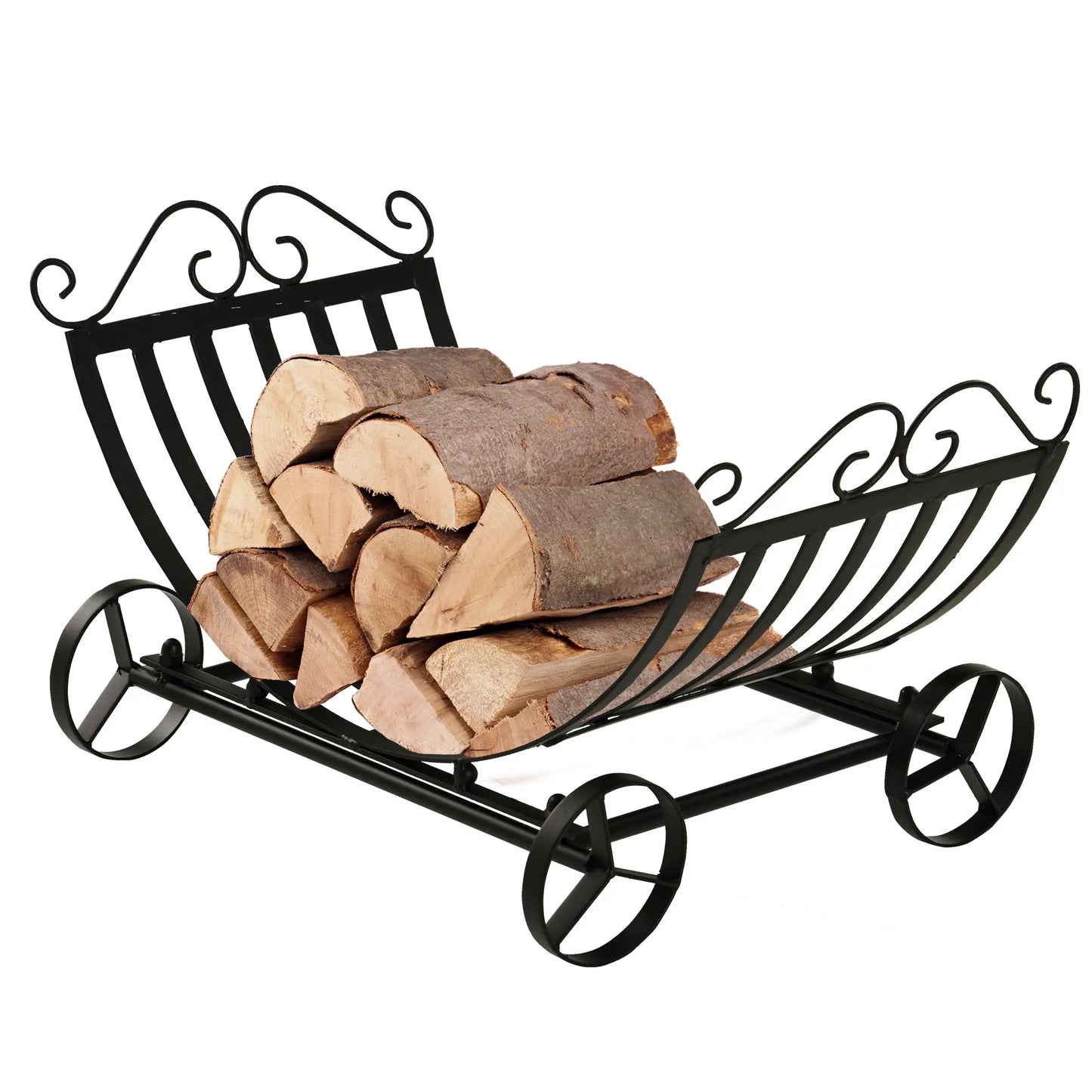 23" Curved Firewood Log Rack, Scroll Design, Indoor Outdoor, Black Firewood Racks at Gallery Canada