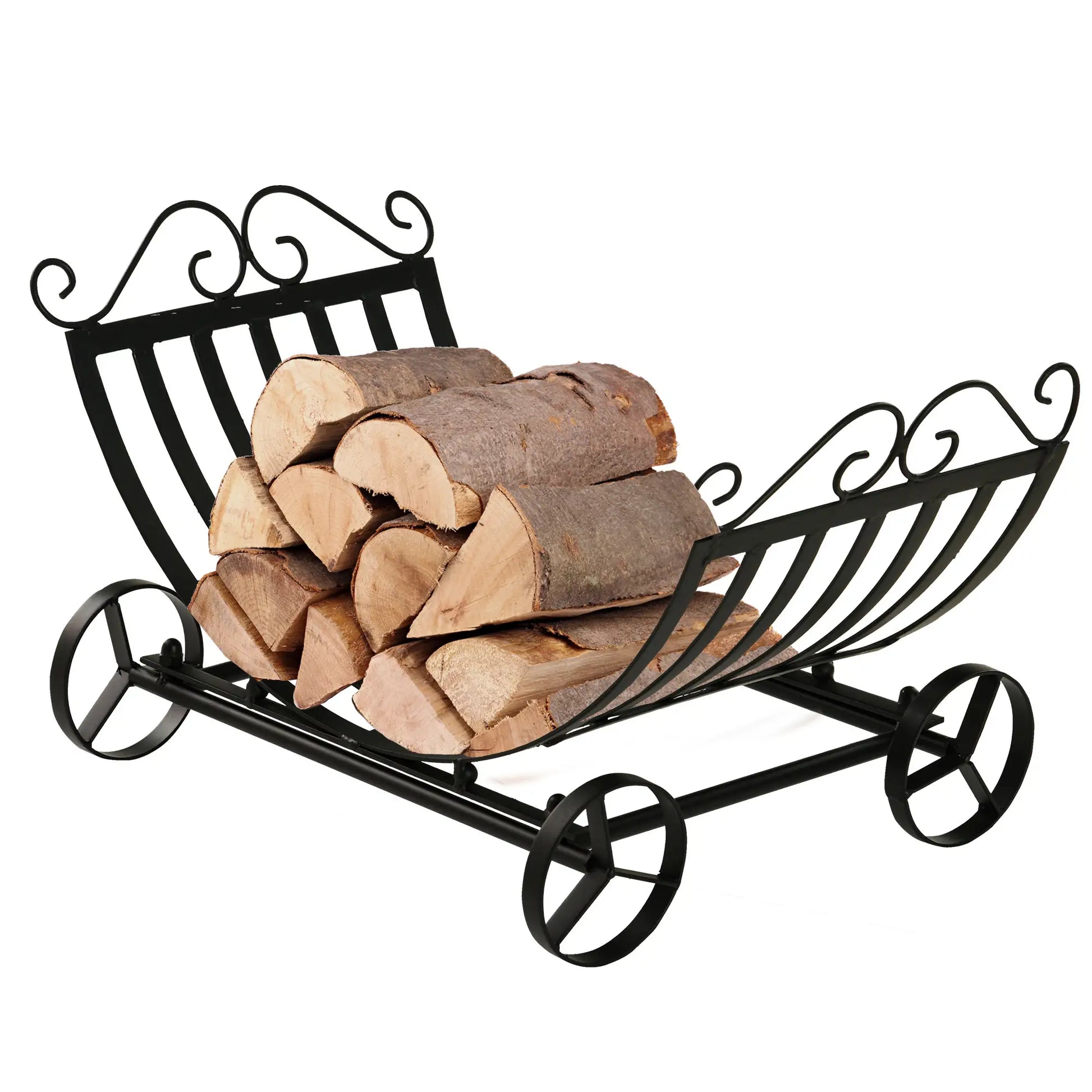 23" Curved Firewood Log Rack, Scroll Design, Indoor Outdoor, Black Firewood Racks at Gallery Canada