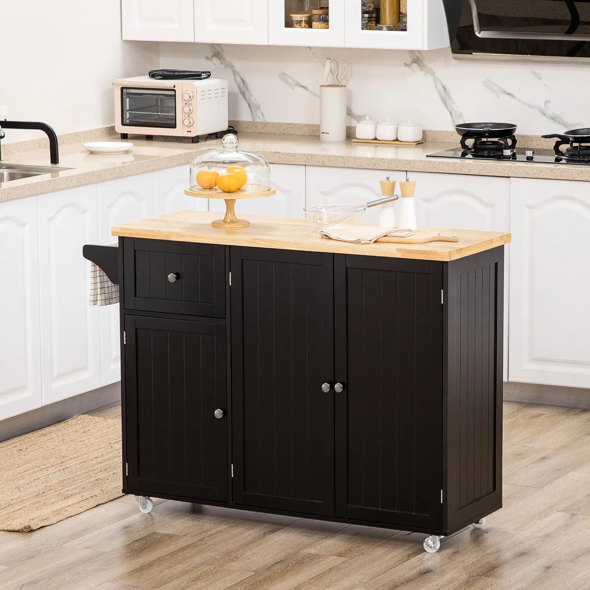 Rolling Kitchen Island with Storage, Utility Kitchen Island Cart with Drawer, Cabinets, Towel Rack and Rubber Wood Top Kitchen Islands & Kitchen Carts at Gallery Canada