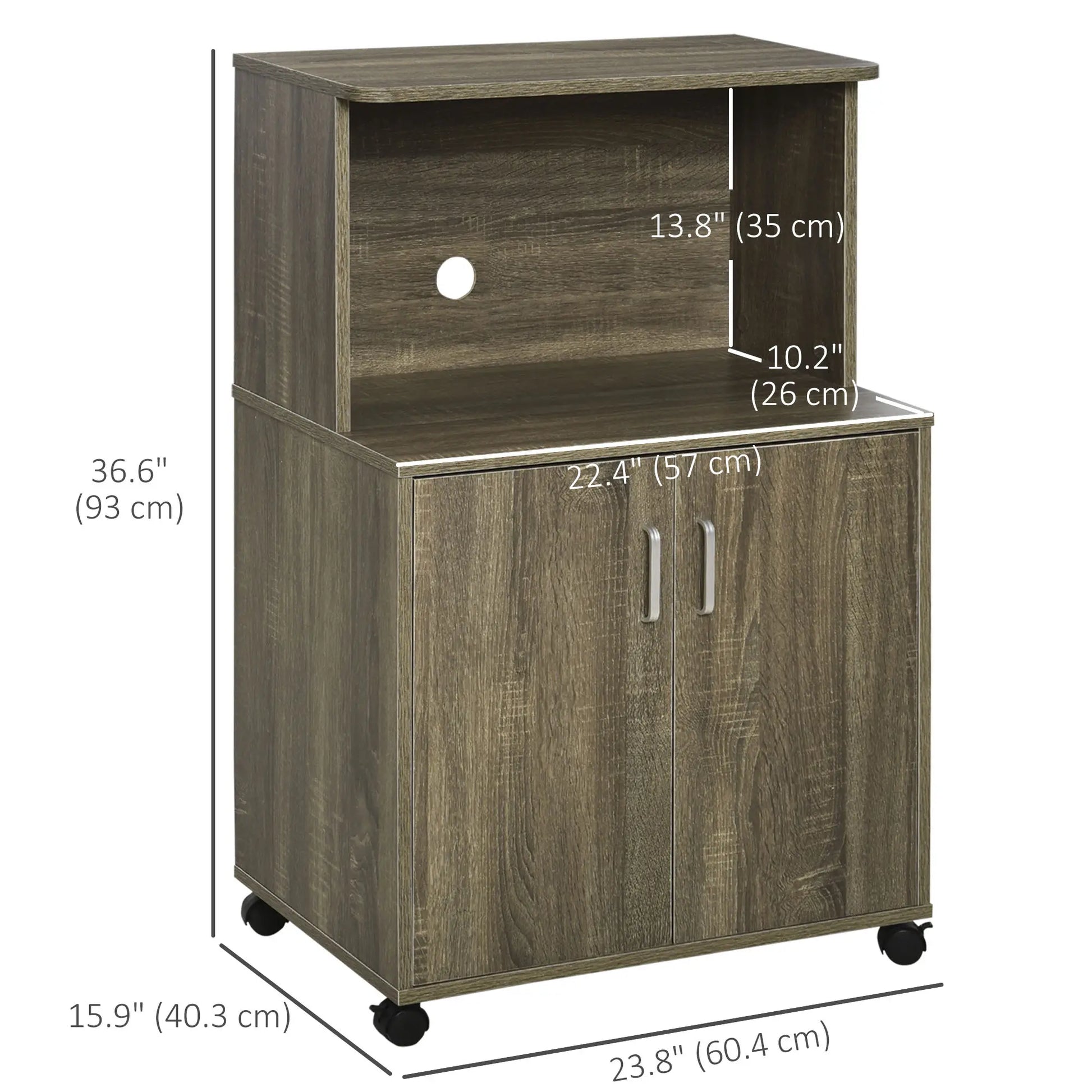Microwave Cart on Wheels, 2-Door Cabinet, Grey Wood Grain, Grey Kitchen Pantry Cabinets at Gallery Canada