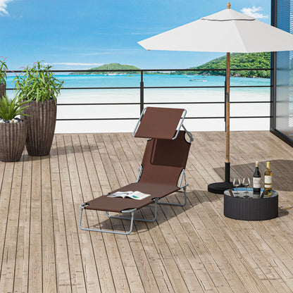 Adjustable Folding Chaise Lounge, Outdoor Tanning Chair with Sun Shade, Brown Lounger Chairs at Gallery Canada