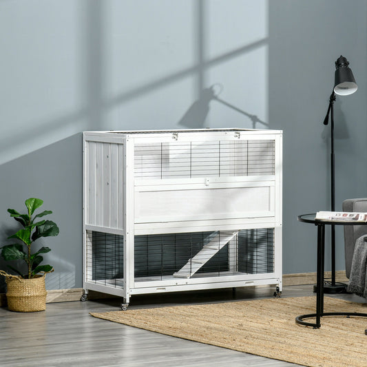 42.5" Wooden Rabbit Hutch Indoor with Wheels, Bunny Cage with Openable Roof, Hut, Slide-out Tray, Ramp, White - Gallery Canada