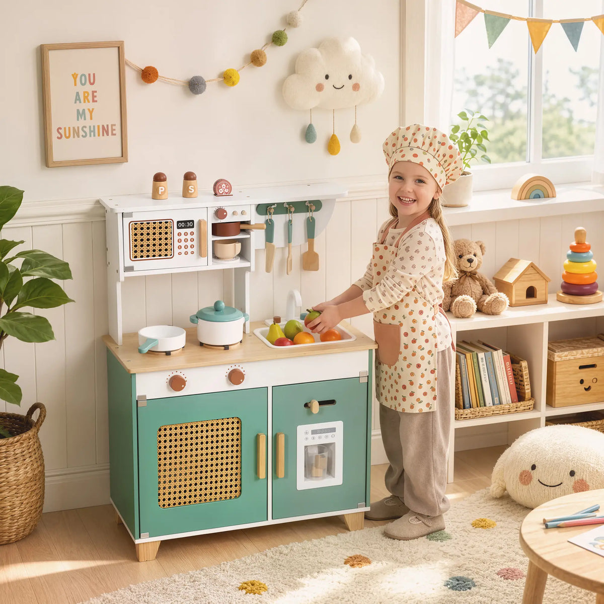 Wooden Play Kitchen Set, 19PCs, Ages 3-6, Green
