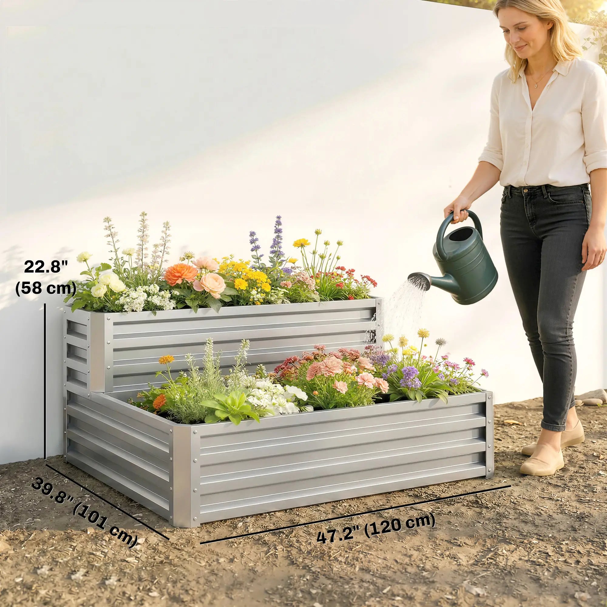 2 Tier Galvanized Raised Garden Bed, Steel Planter Box, 47