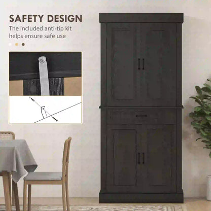 71" Freestanding Kitchen Pantry, 4 Doors 2 Cabinets, Distressed Black, Black Kitchen Pantry Cabinets at Gallery Canada
