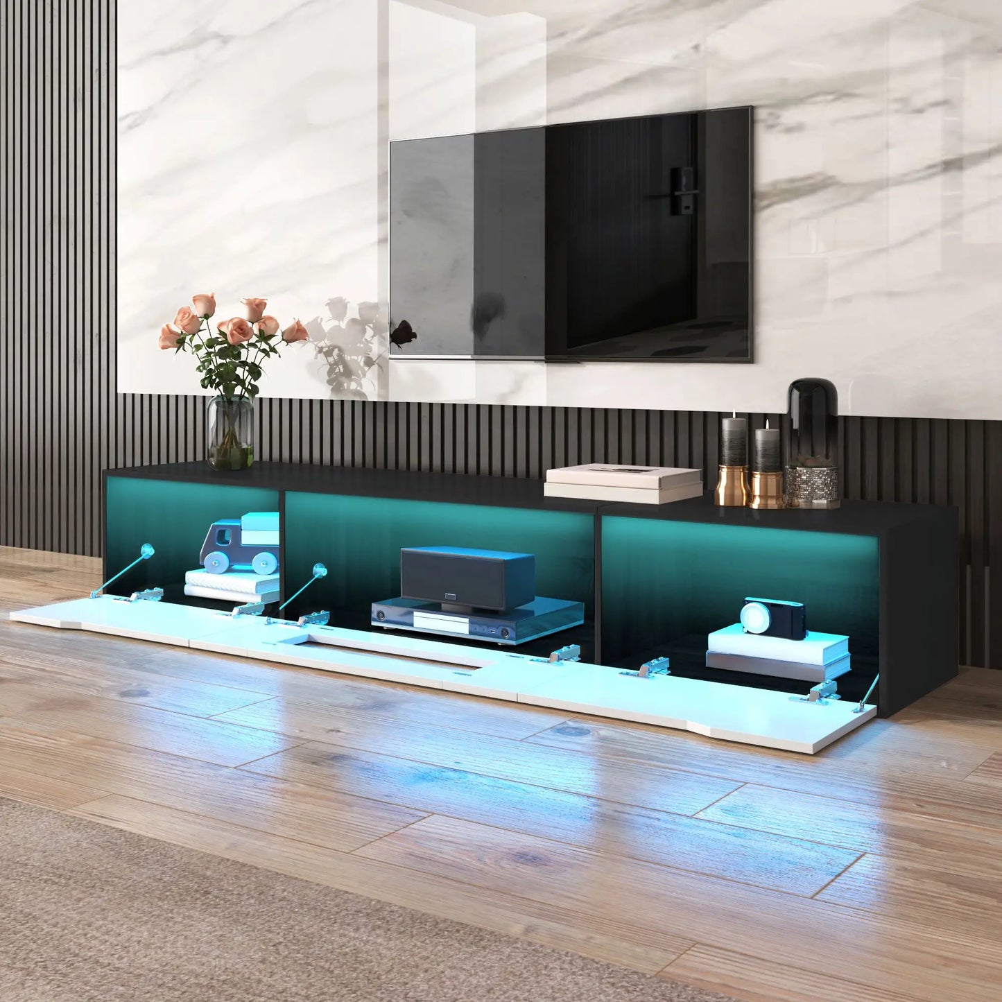 TV Stand With LED Lighting, Mounting Options, 71" L x 12" W x 12" H, Black+White TV Stands at Gallery Canada