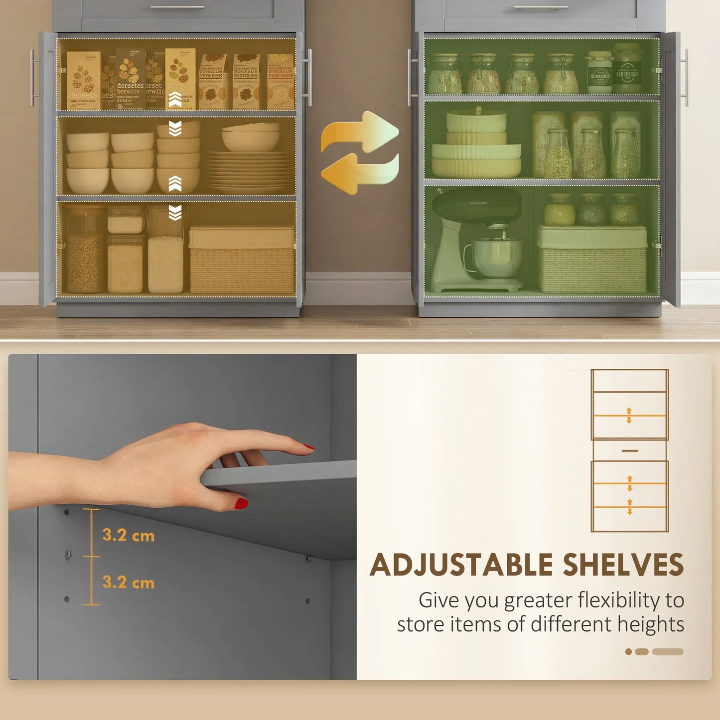 72" Storage Cabinet, Freestanding Kitchen Pantry Cabinet with 4 Doors, Drawer and 3 Adjustable Shelves, Grey Kitchen Pantry Cabinets at Gallery Canada