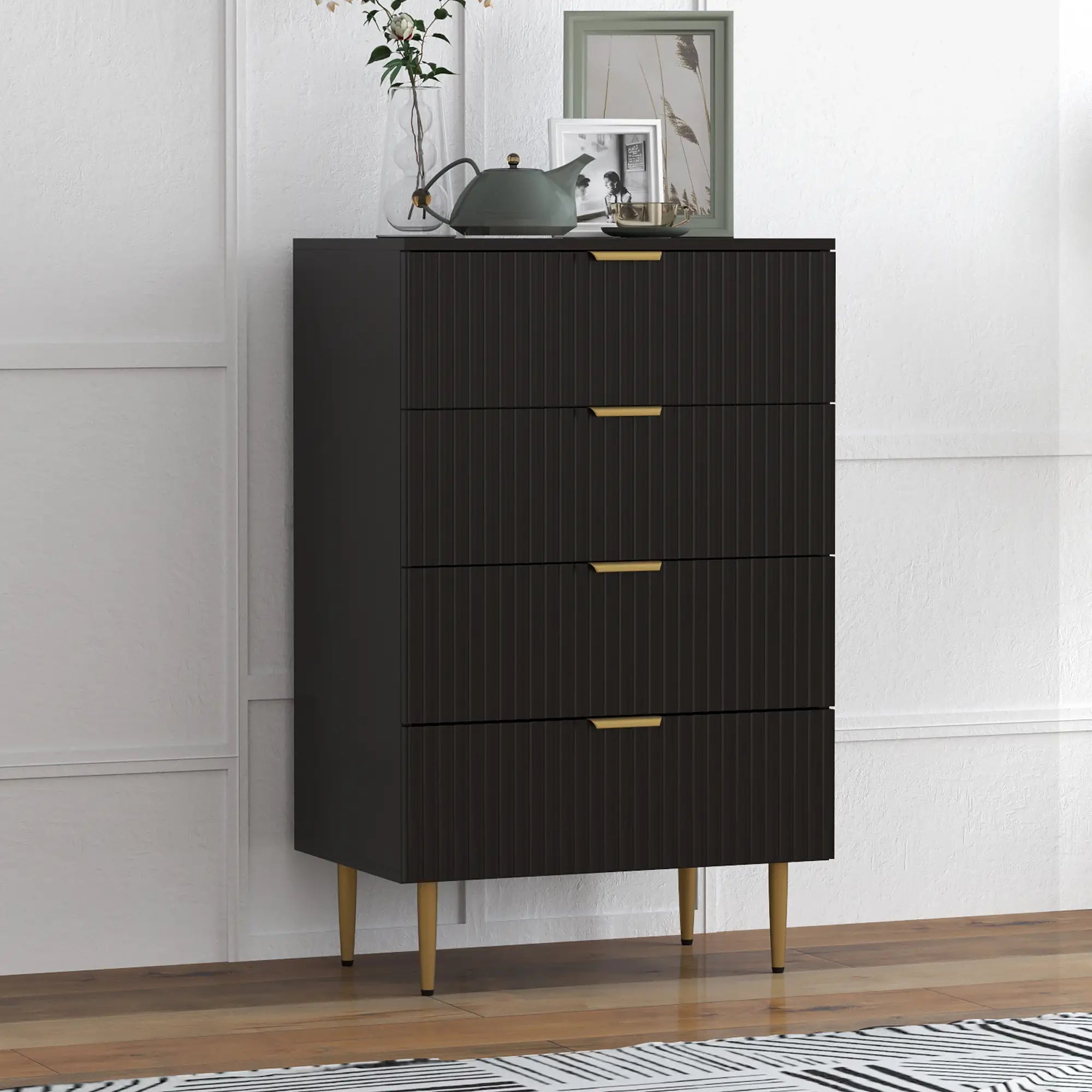 Modern 4 Drawer Dresser, Black with Gold Legs, Bedroom Chest, Black, Gold Storage Cabinets at Gallery Canada
