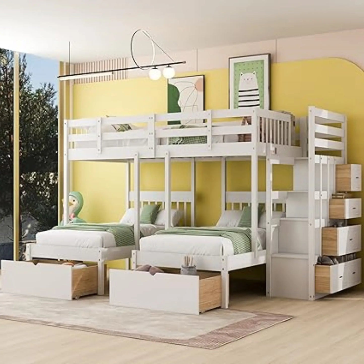 Twin Triple Bunk Bed with Storage Drawers, Pine Wood Frame, 115" L x 76" W x 64.5" H, White Bed Frames at Gallery Canada