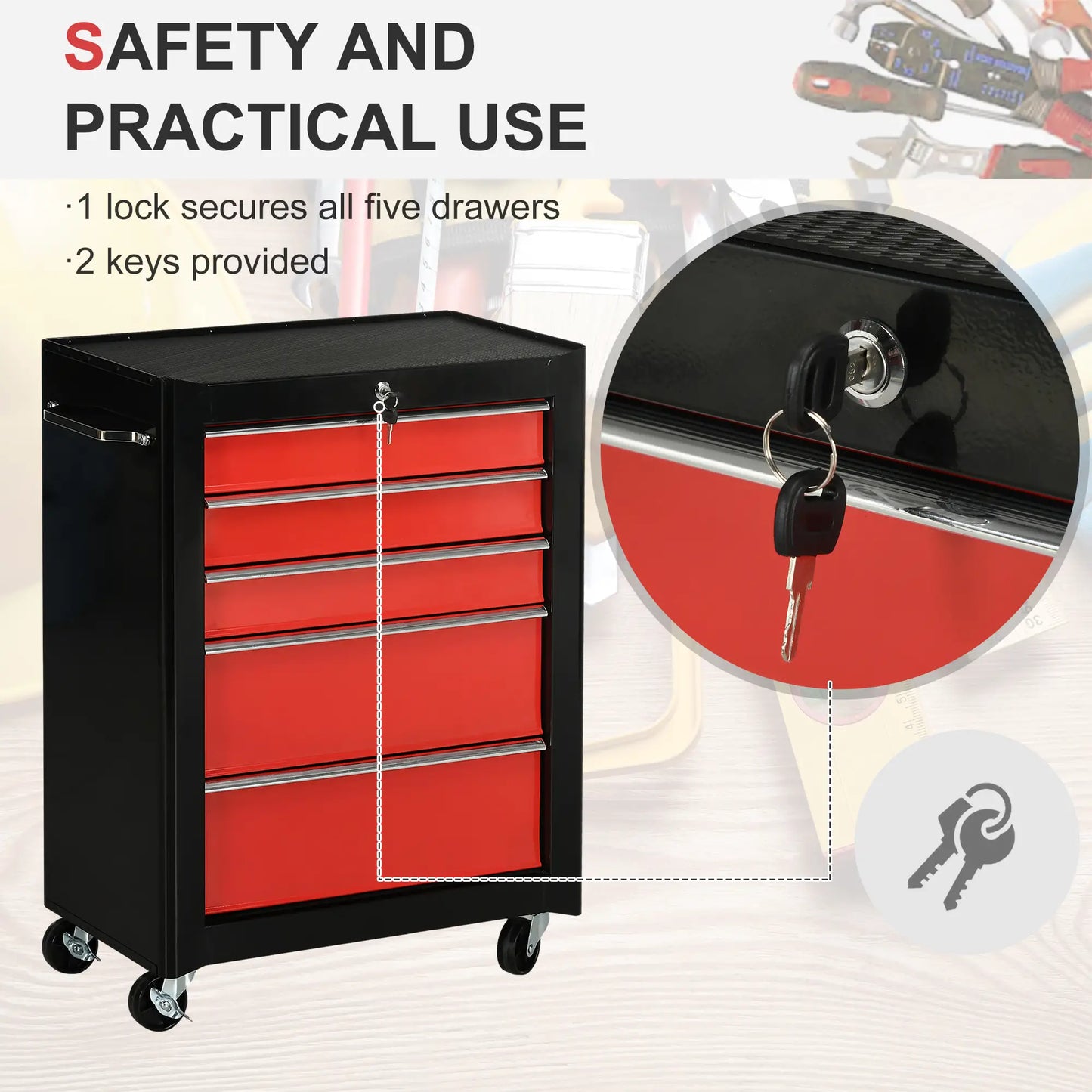 5-Drawer Rolling Tool Chest, Lockable Tool Cabinet, 4 Wheels, Black, Red Tool Organizers at Gallery Canada