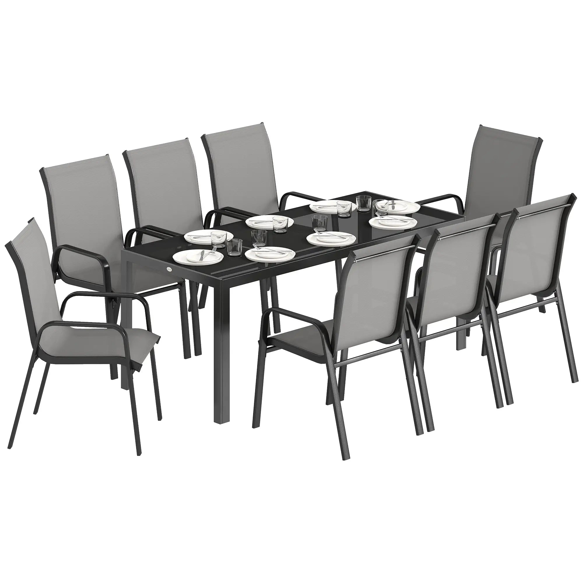 9 Piece Patio Set, Stackable Chairs, Glass Top, Light Grey Outdoor Dining Sets at Gallery Canada