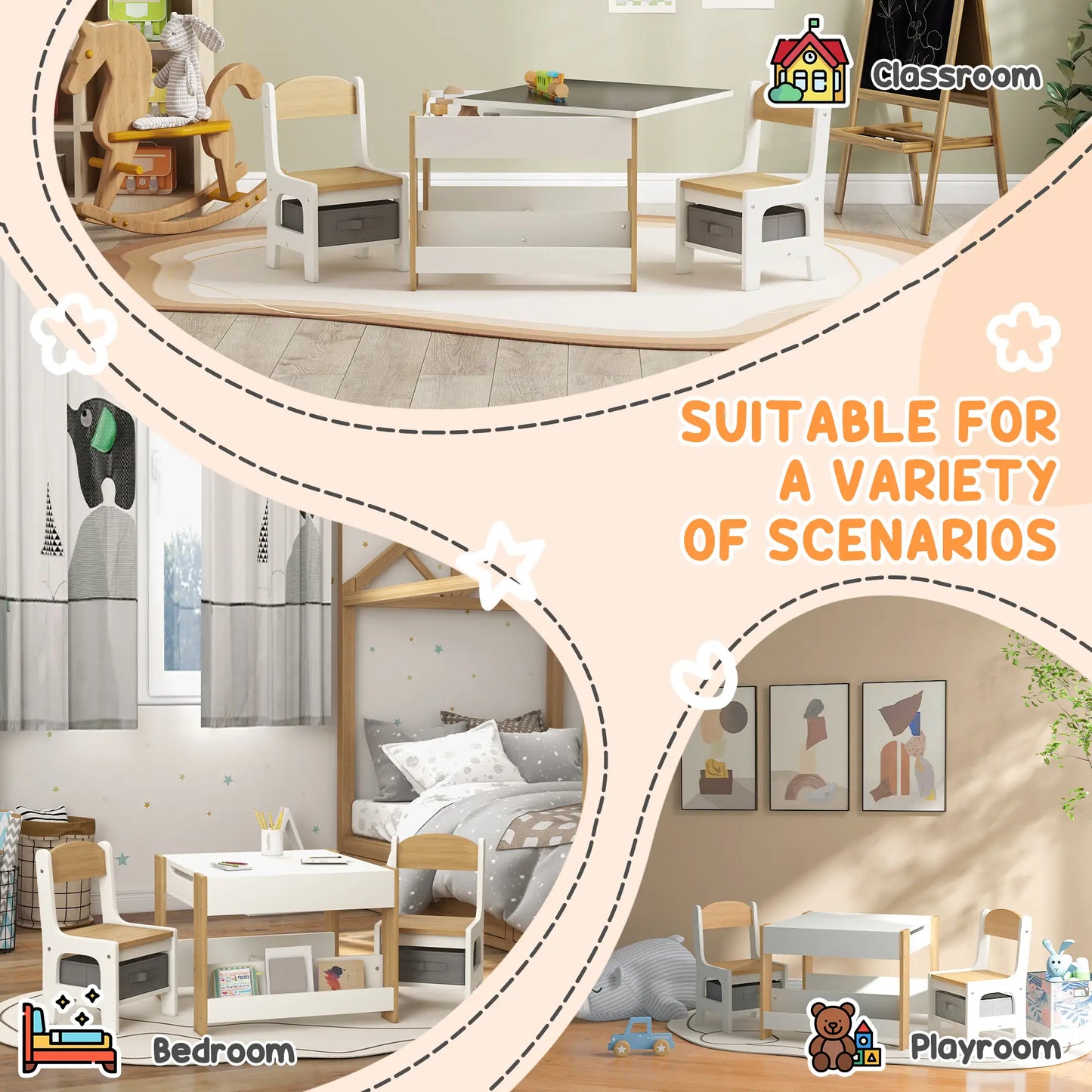 3 Piece Kids Table and Chair Set, Reversible Tabletop, Blackboard, Storage, Bookshelf, Natural Kids Table Sets at Gallery Canada