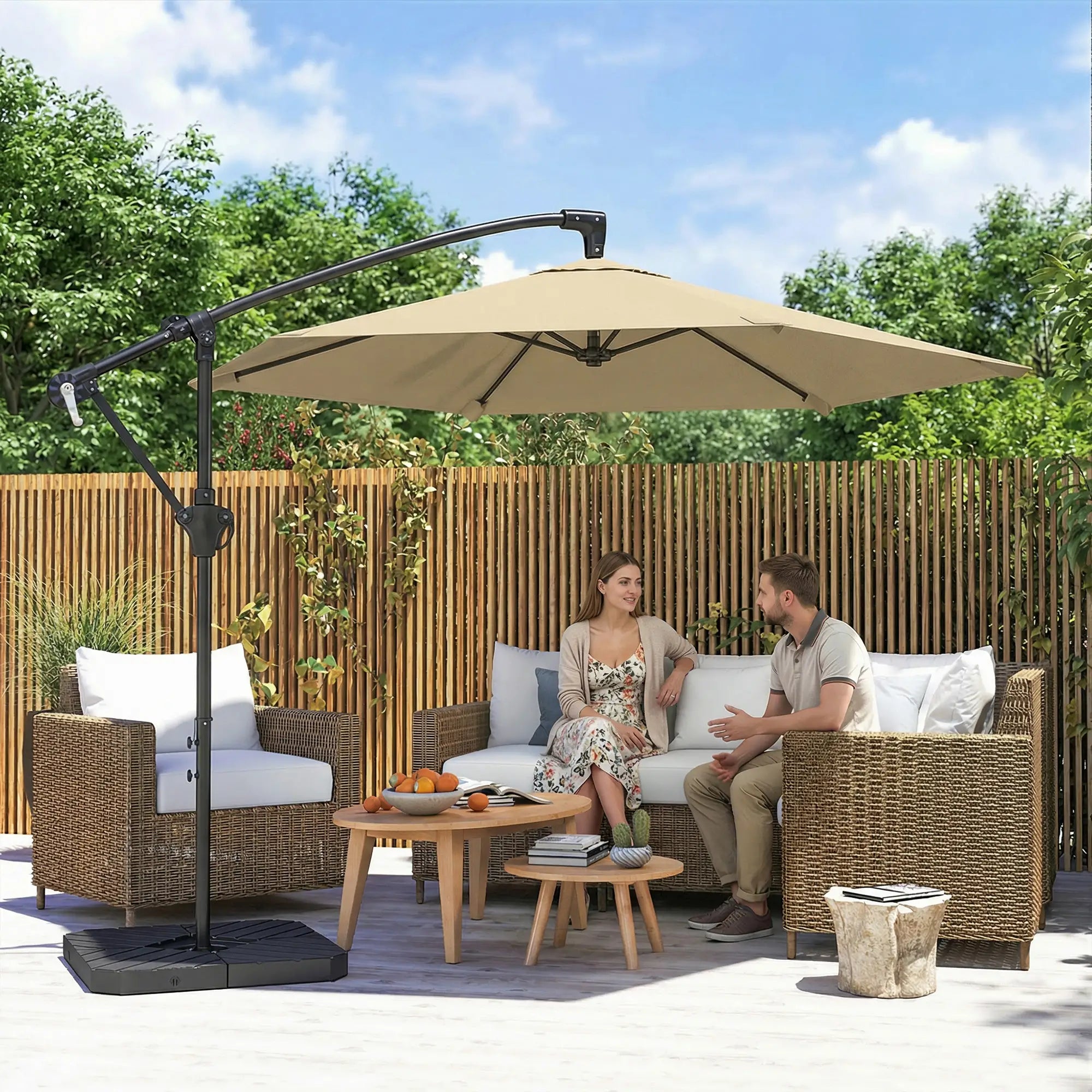 9.7 ft Offset Patio Umbrella, Water/Sand Fillable Weights, Khaki Offset Cantilever Umbrellas at Gallery Canada