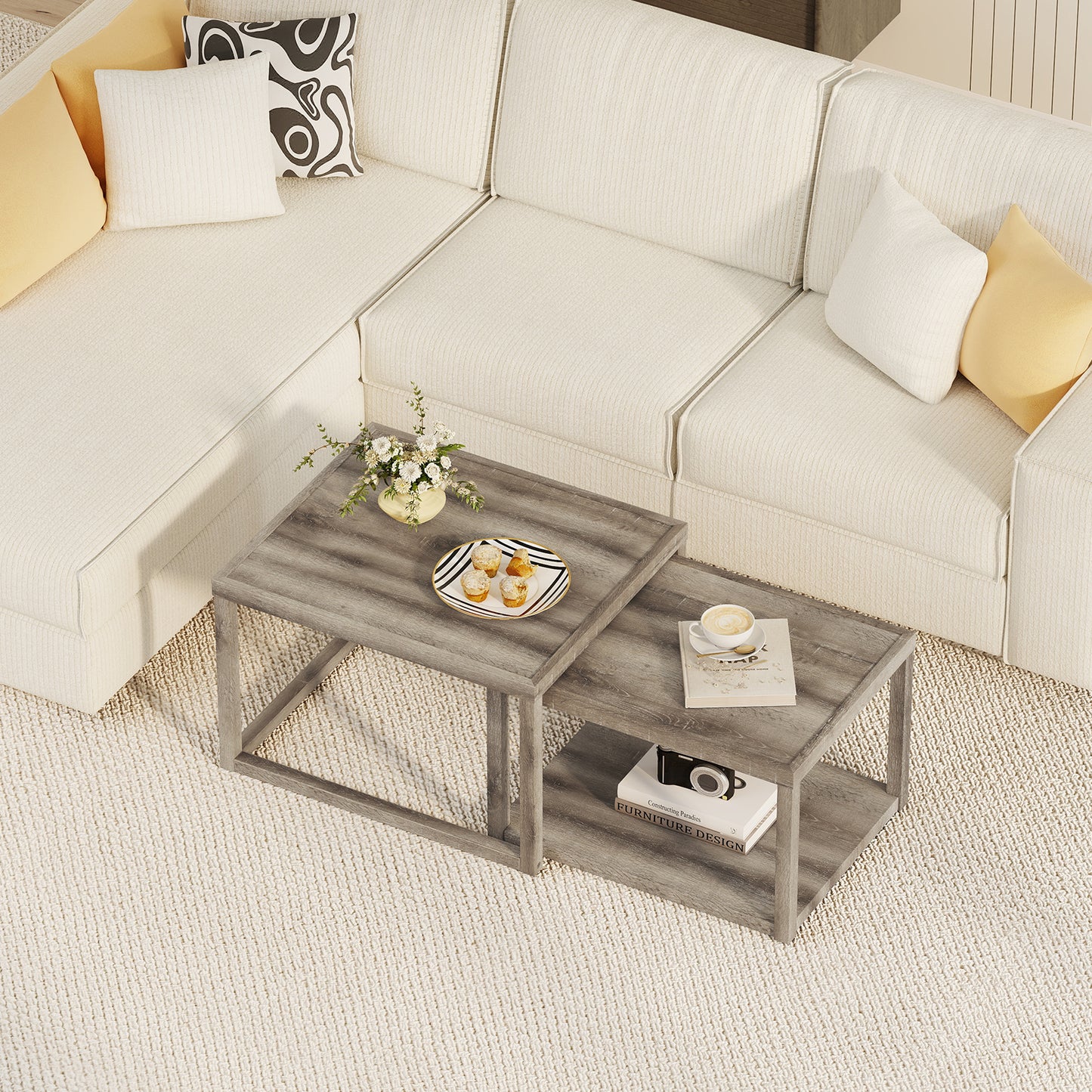 Nesting Coffee Table Set of 2 Stackable Rectangular End Tables, Gray End & Side Tables at Gallery Canada