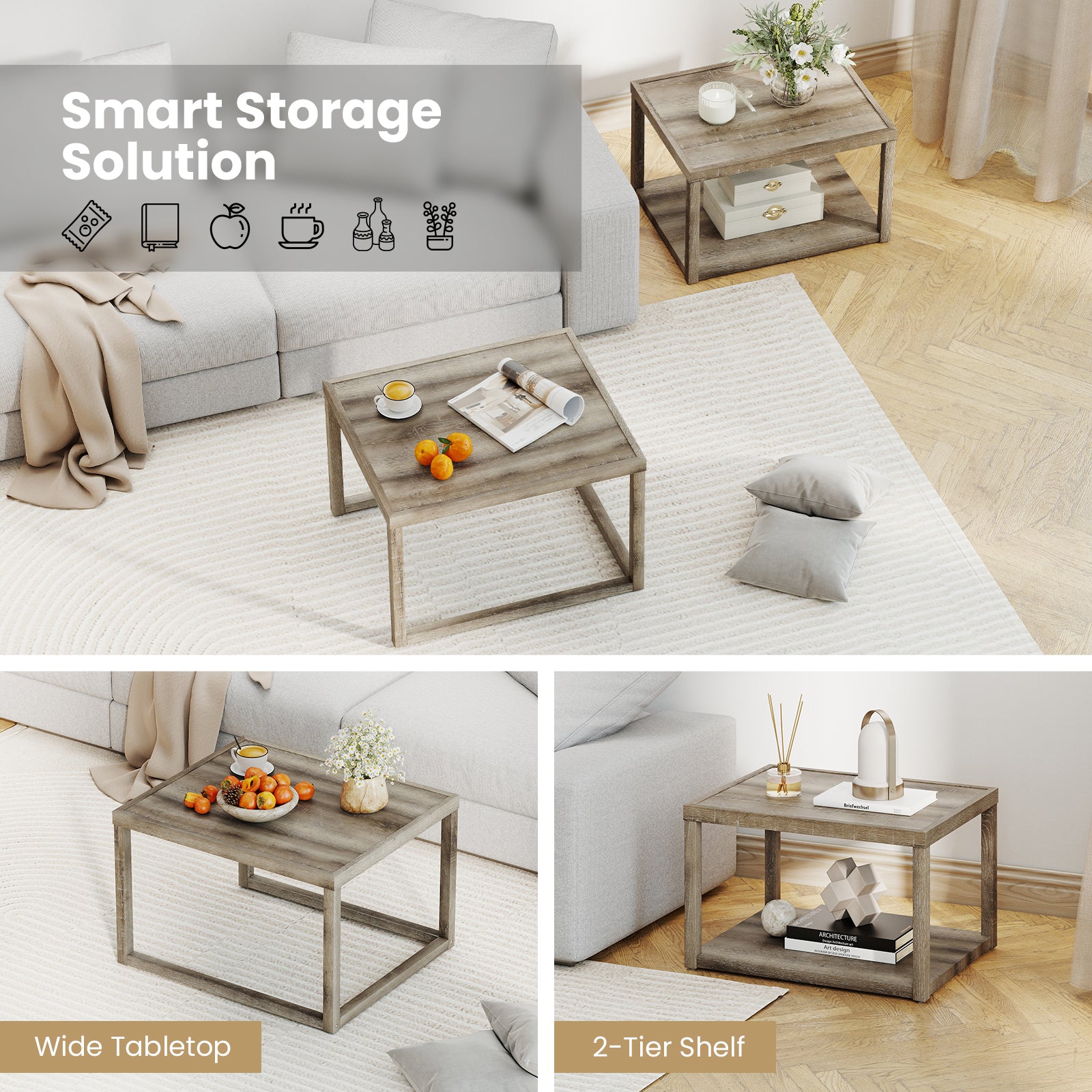 Nesting Coffee Table Set of 2 Stackable Rectangular End Tables, Gray End & Side Tables at Gallery Canada