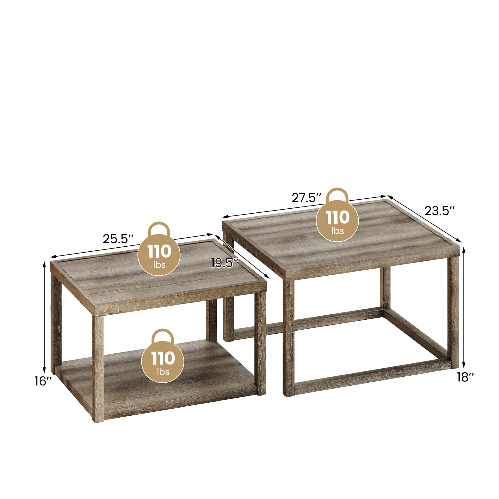 Nesting Coffee Table Set of 2 Stackable Rectangular End Tables, Gray End & Side Tables at Gallery Canada