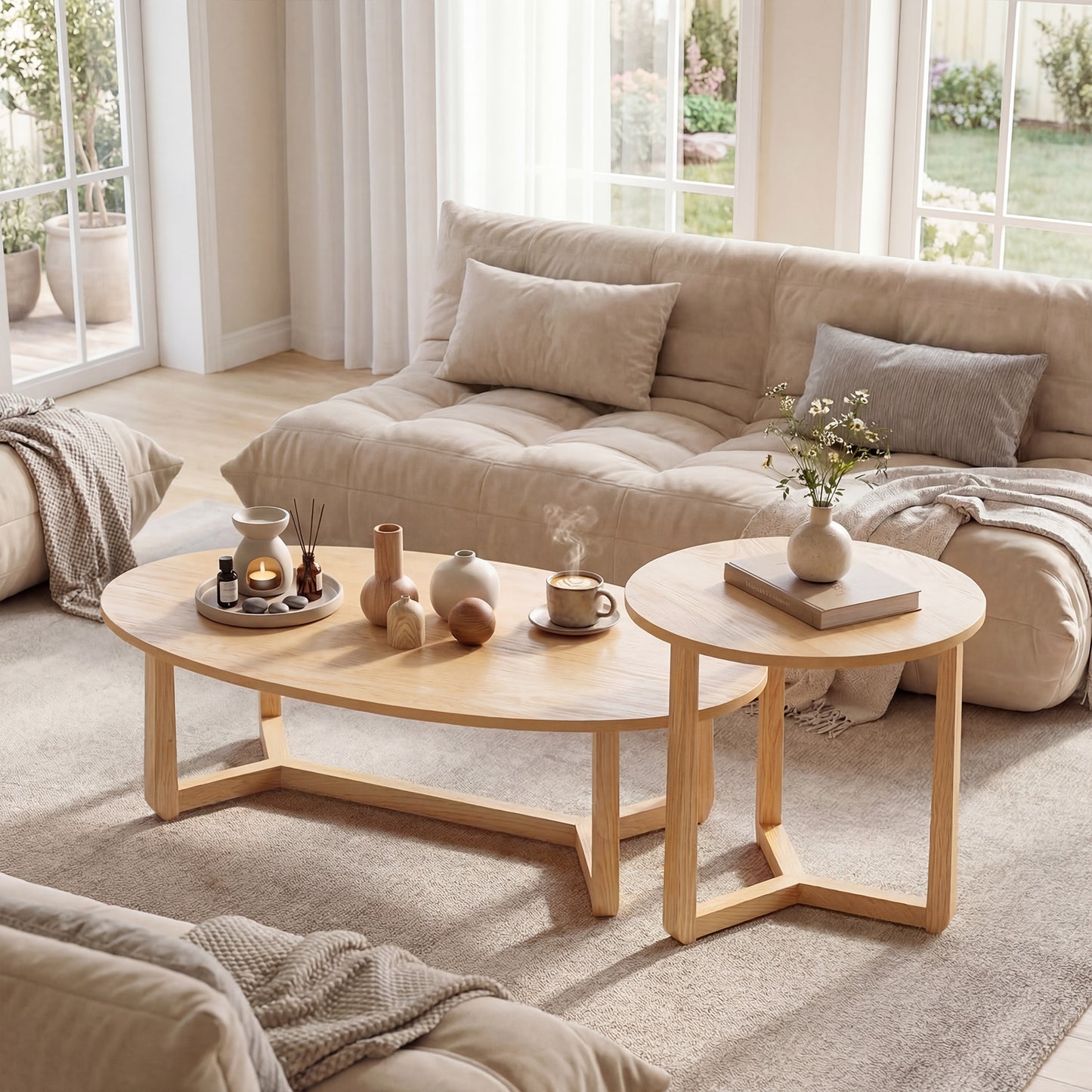 Nesting Coffee Table Set, Wood Veneer Top, Solid Rubber Wood Legs, Natural Coffee Tables at Gallery Canada