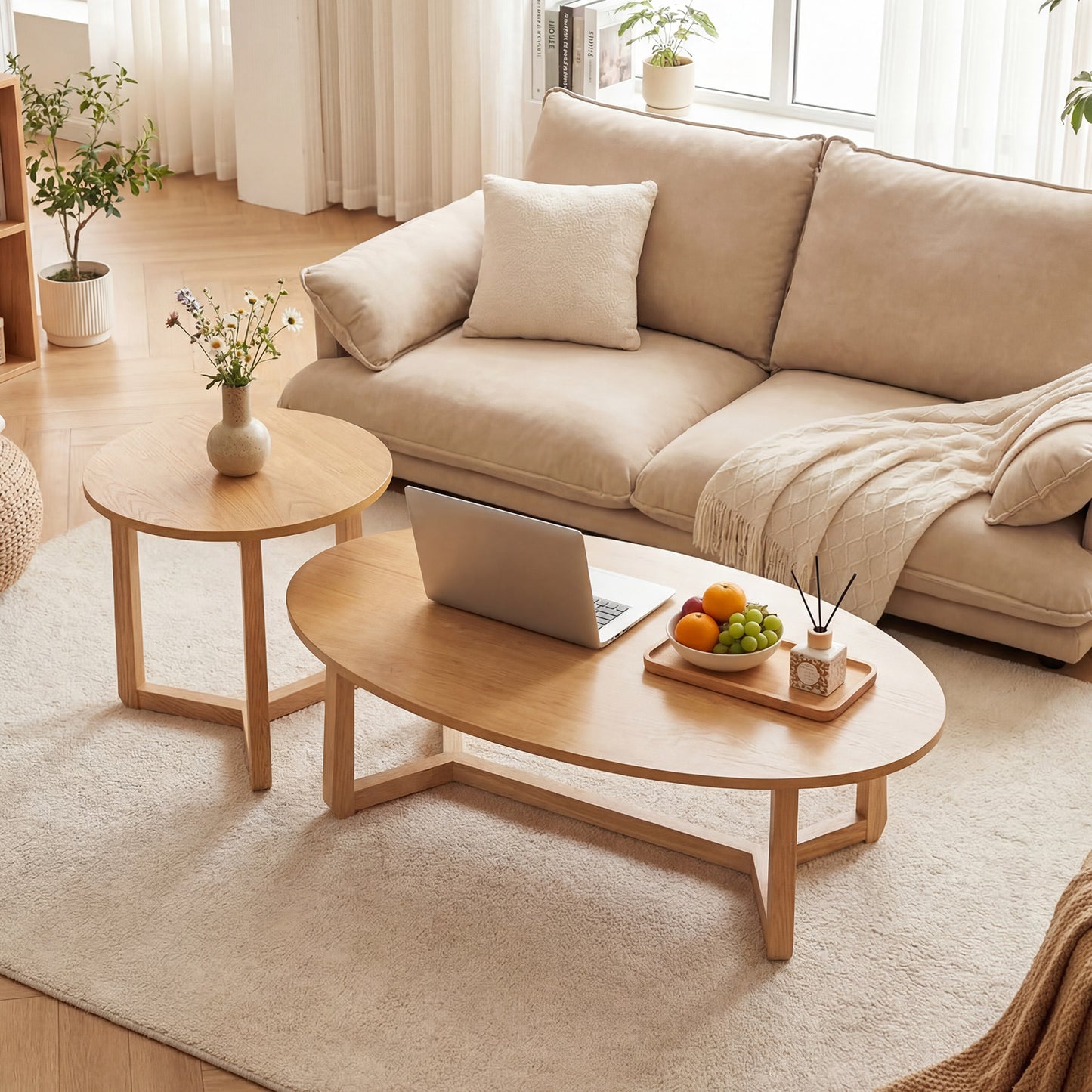 Nesting Coffee Table Set, Wood Veneer Top, Solid Rubber Wood Legs, Natural Coffee Tables at Gallery Canada