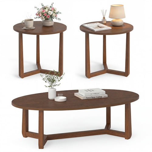Nesting Coffee Table Set, Wood Veneer Top, Rubber Wood Legs, Walnut