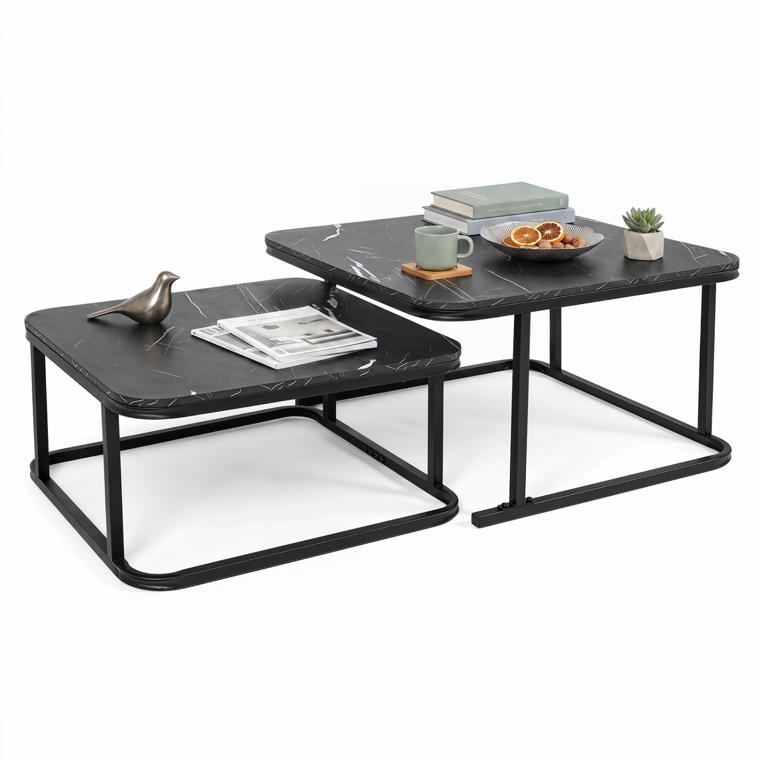 Nesting Coffee Table Set of 2 with Faux Marble Top and Metal Frame, Black Coffee Tables at Gallery Canada