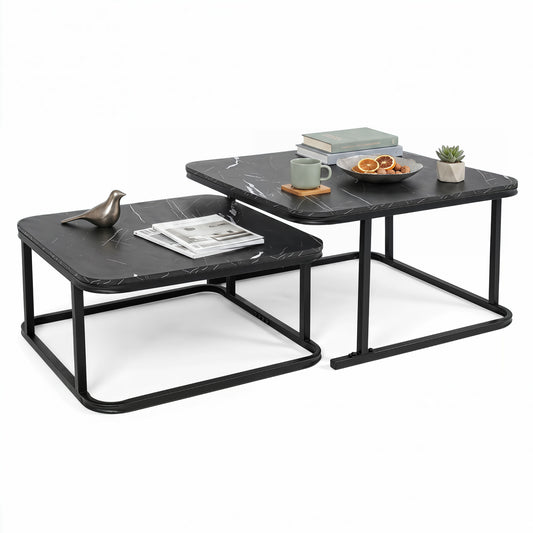 Nesting Coffee Table Set of 2 with Faux Marble Top and Metal Frame, Black Coffee Tables Black at Gallery Canada