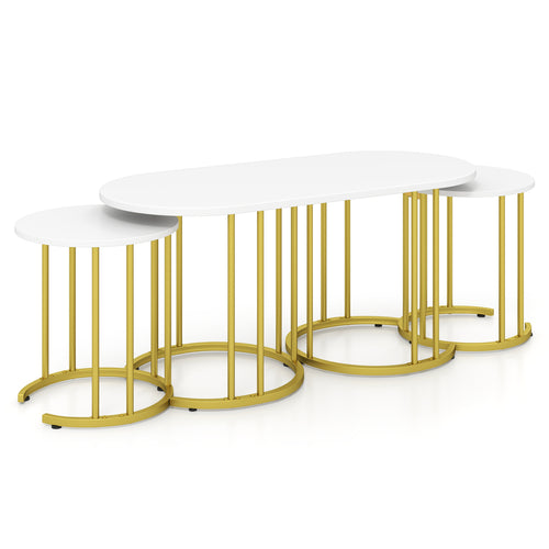 Nesting Coffee Table Set, 3 Piece, Faux Marble Top, Gold Metal Frame, White