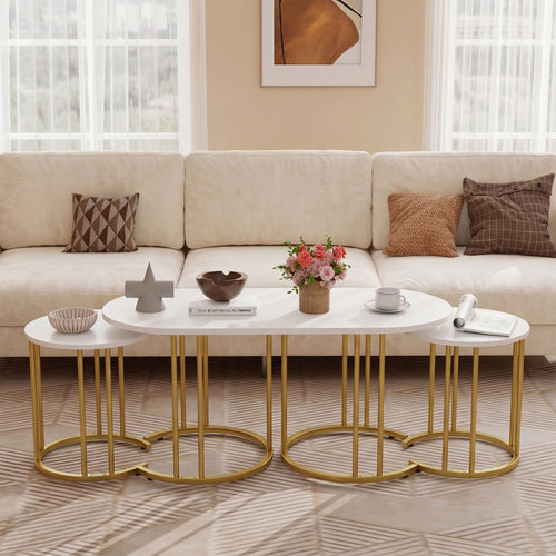 Nesting Coffee Table Set, 3 Piece, Faux Marble Top, Gold Metal Frame, White
