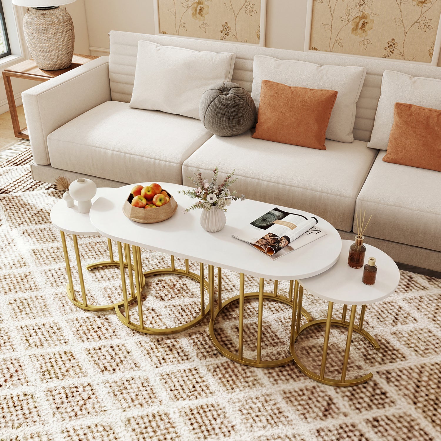 Nesting Coffee Table Set, 3 Piece, Faux Marble Top, Gold Metal Frame, White Coffee Tables at Gallery Canada
