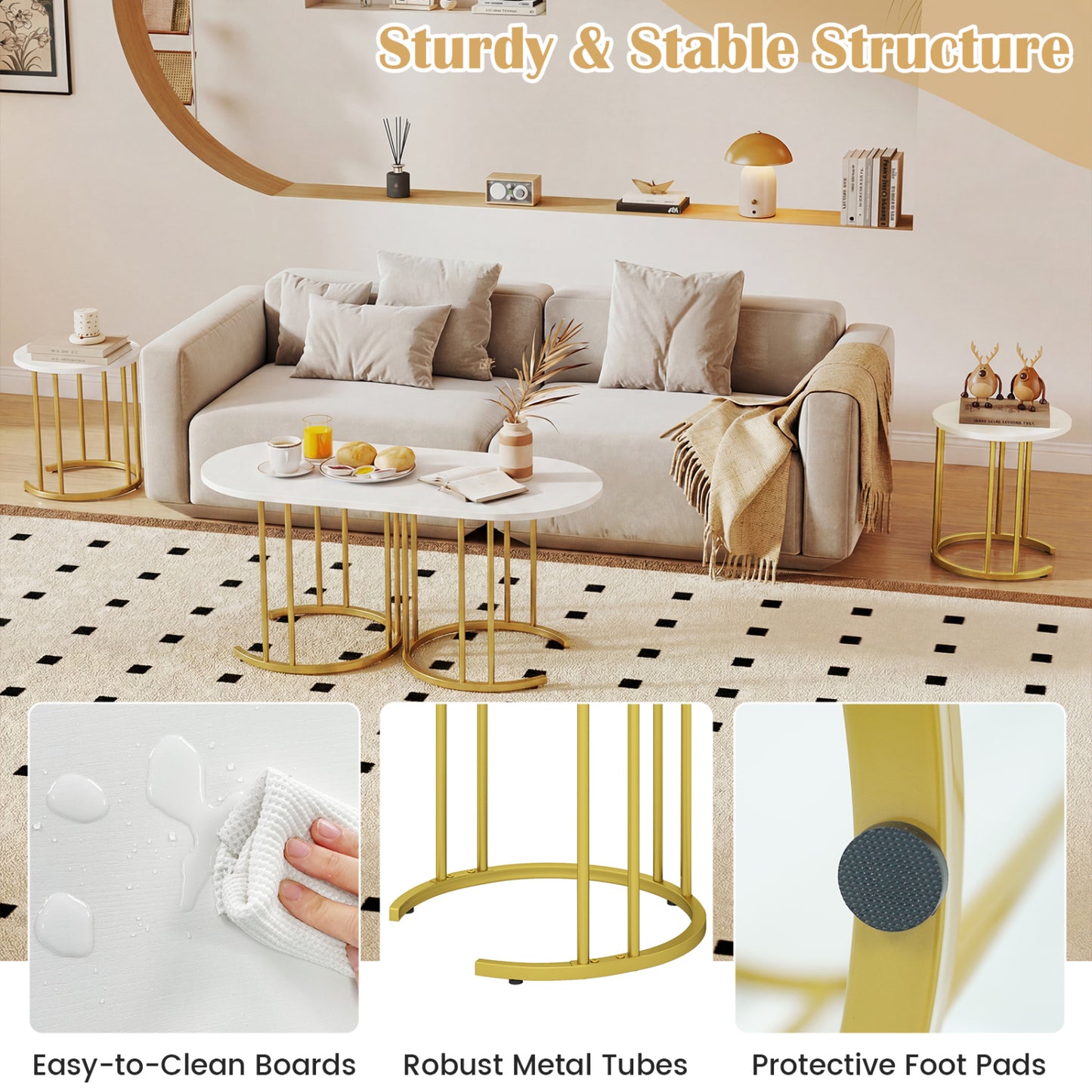Nesting Coffee Table Set, 3 Piece, Faux Marble Top, Gold Metal Frame, White Coffee Tables at Gallery Canada