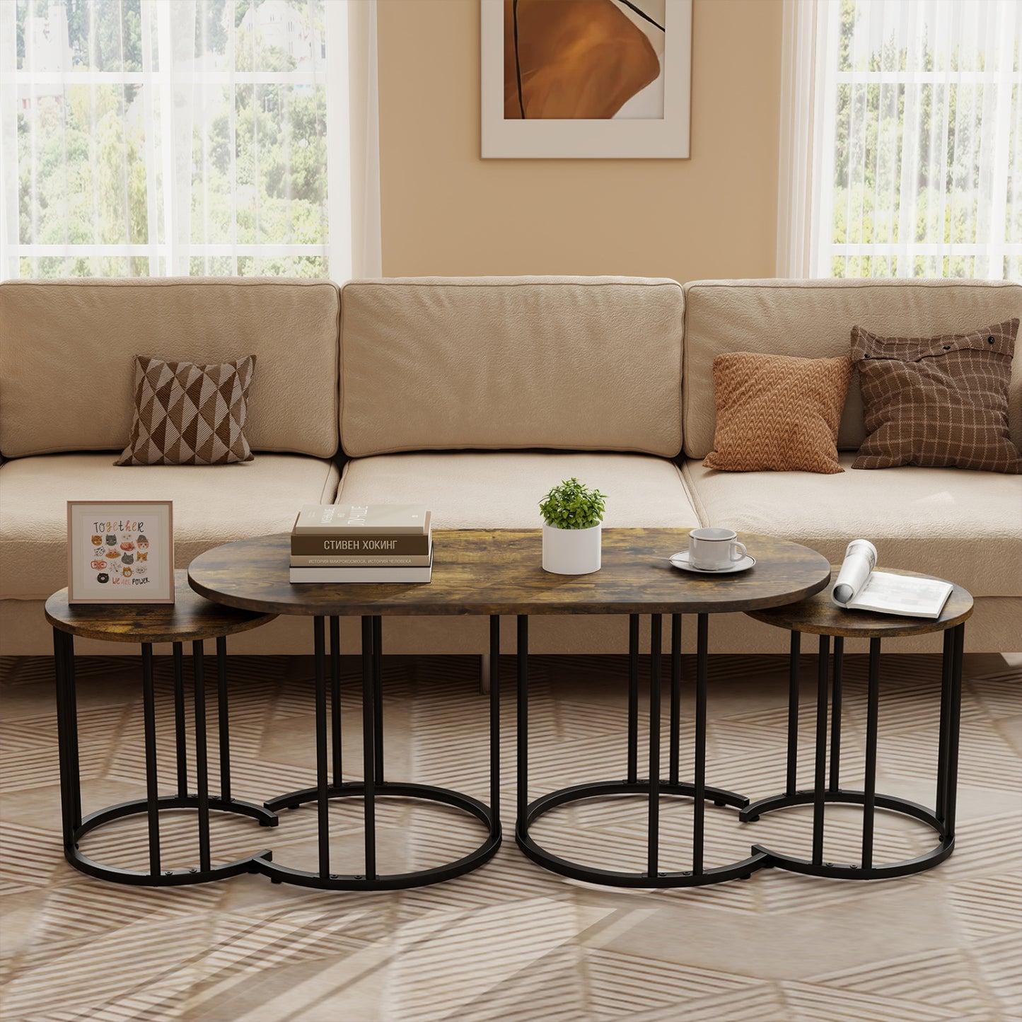 Nesting Coffee Table Set of 3, Faux Marble, Gold Frame, Rustic Brown