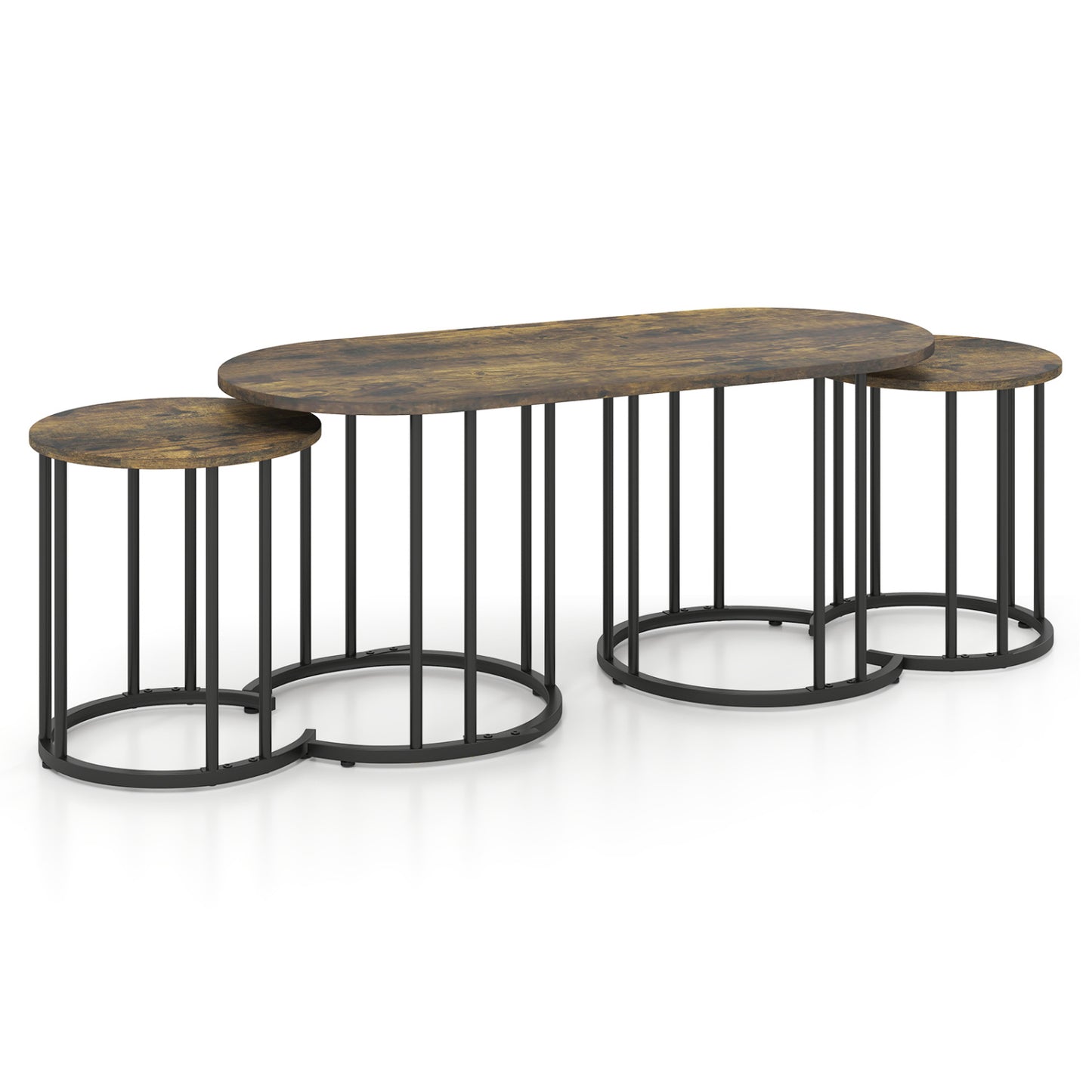 Nesting Coffee Table Set of 3, Faux Marble, Gold Frame, Rustic Brown