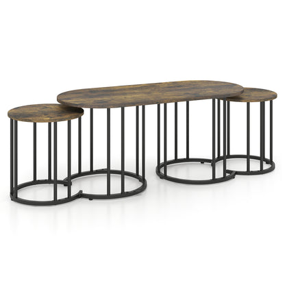 Nesting Coffee Table Set of 3, Faux Marble, Gold Frame, Rustic Brown