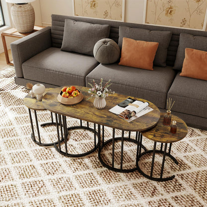 Nesting Coffee Table Set of 3, Faux Marble, Gold Frame, Rustic Brown