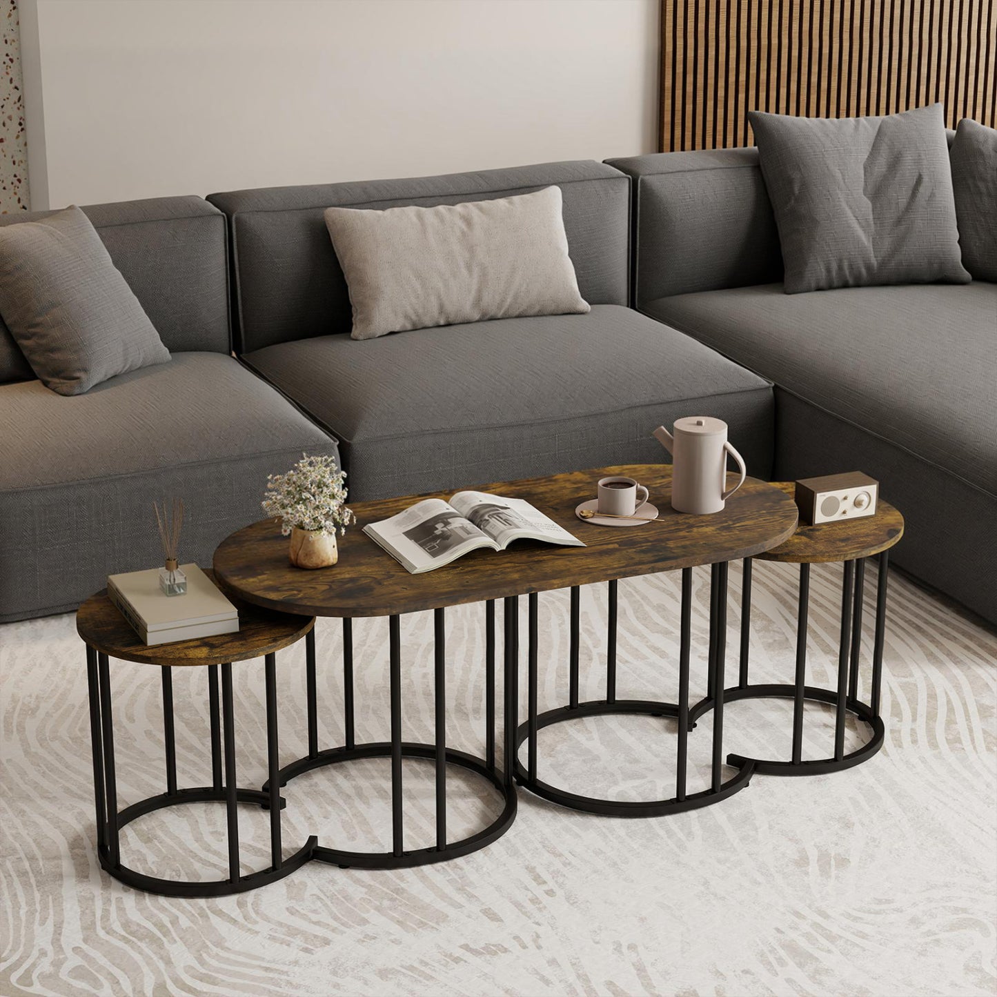 Nesting Coffee Table Set of 3, Faux Marble, Gold Frame, Rustic Brown