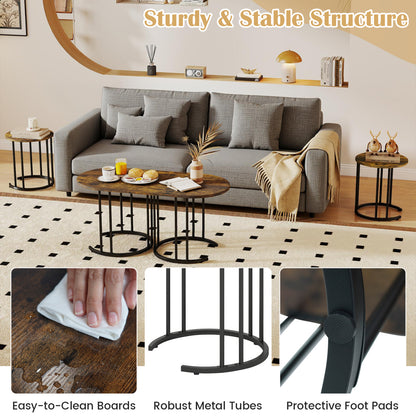 Nesting Coffee Table Set of 3, Faux Marble, Gold Frame, Rustic Brown