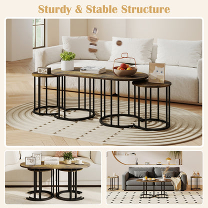 Nesting Coffee Table Set of 3, Faux Marble, Gold Frame, Rustic Brown