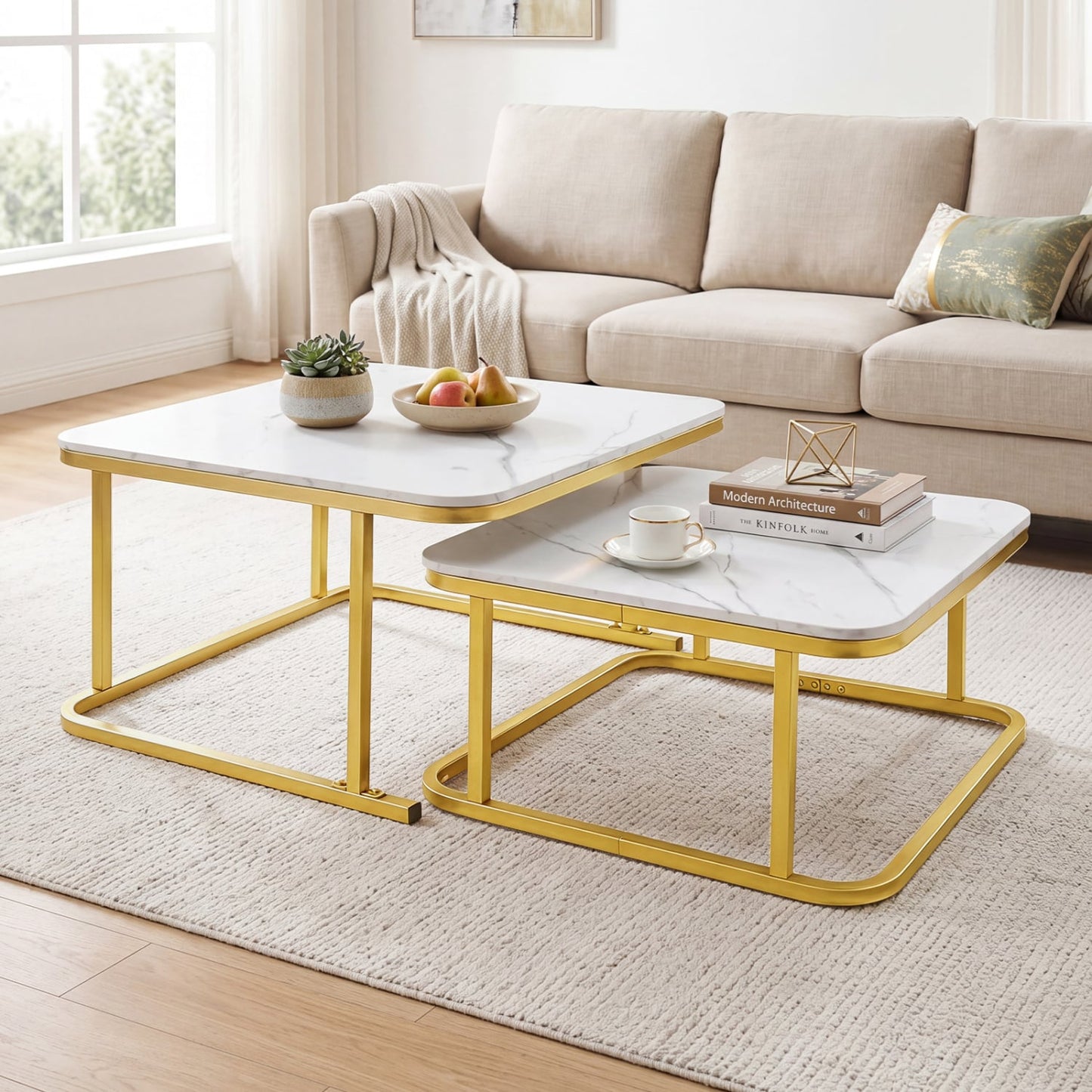 Nesting Coffee Table Set Of 2, Faux Marble Top, White