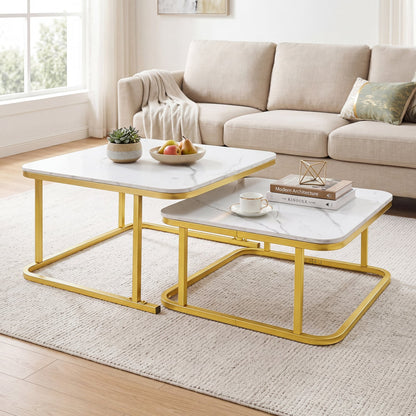 Nesting Coffee Table Set Of 2, Faux Marble Top, White