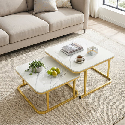 Nesting Coffee Table Set Of 2, Faux Marble Top, White