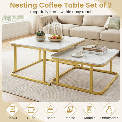 Nesting Coffee Table Set Of 2, Faux Marble Top, White