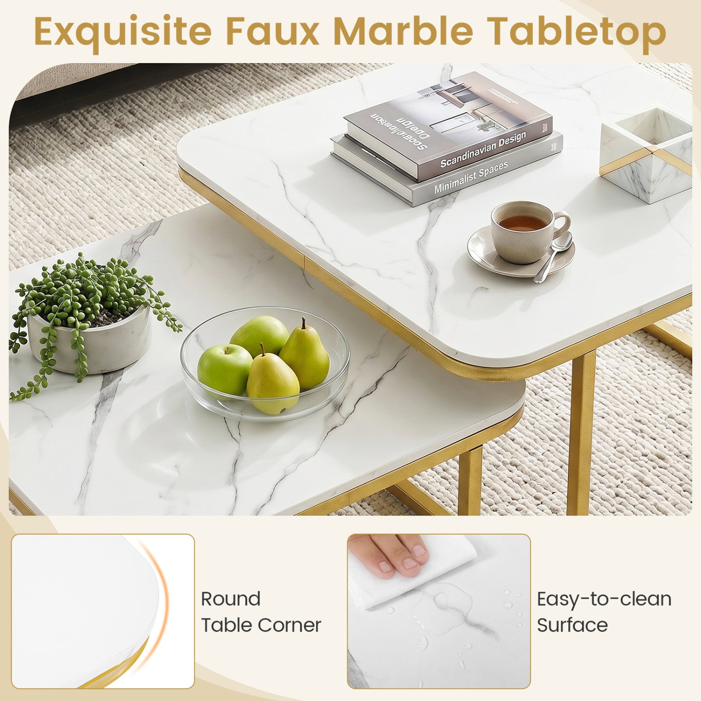 Nesting Coffee Table Set Of 2, Faux Marble Top, White