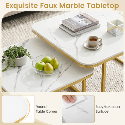 Nesting Coffee Table Set Of 2, Faux Marble Top, White