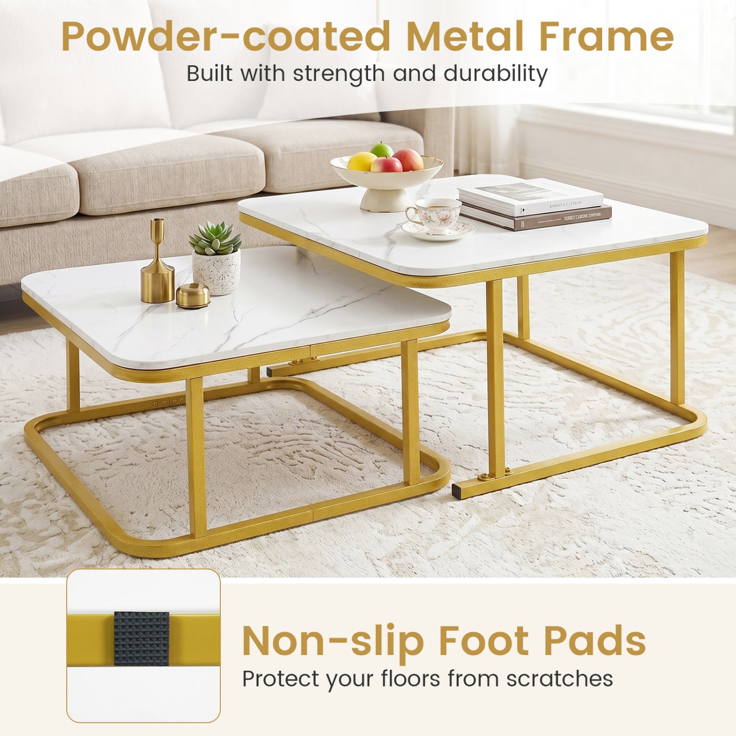 Nesting Coffee Table Set Of 2, Faux Marble Top, White