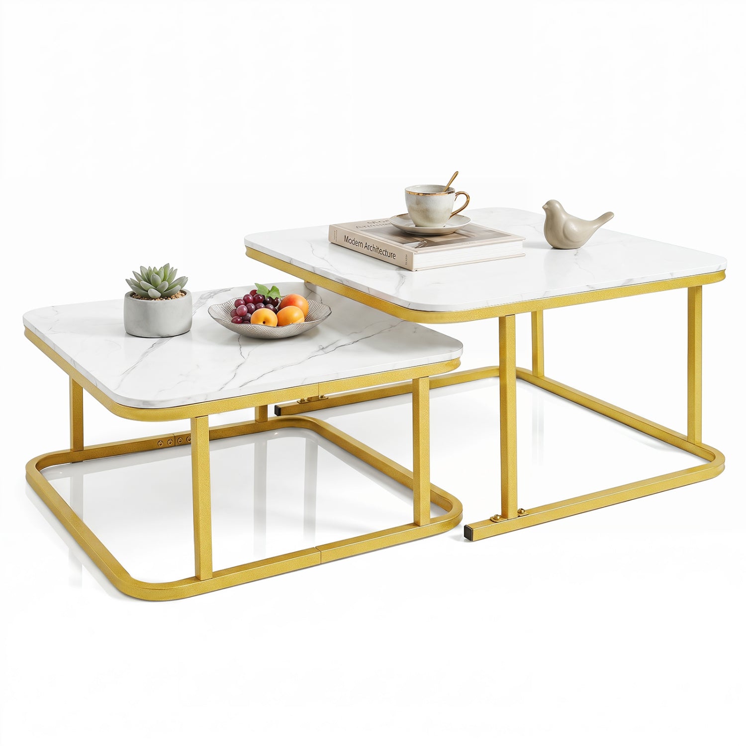 Nesting Coffee Table Set Of 2, Faux Marble Top, White Coffee Tables White at Gallery Canada