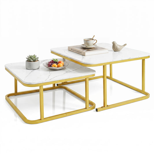 Nesting Coffee Table Set Of 2, Faux Marble Top, White Coffee Tables White at Gallery Canada