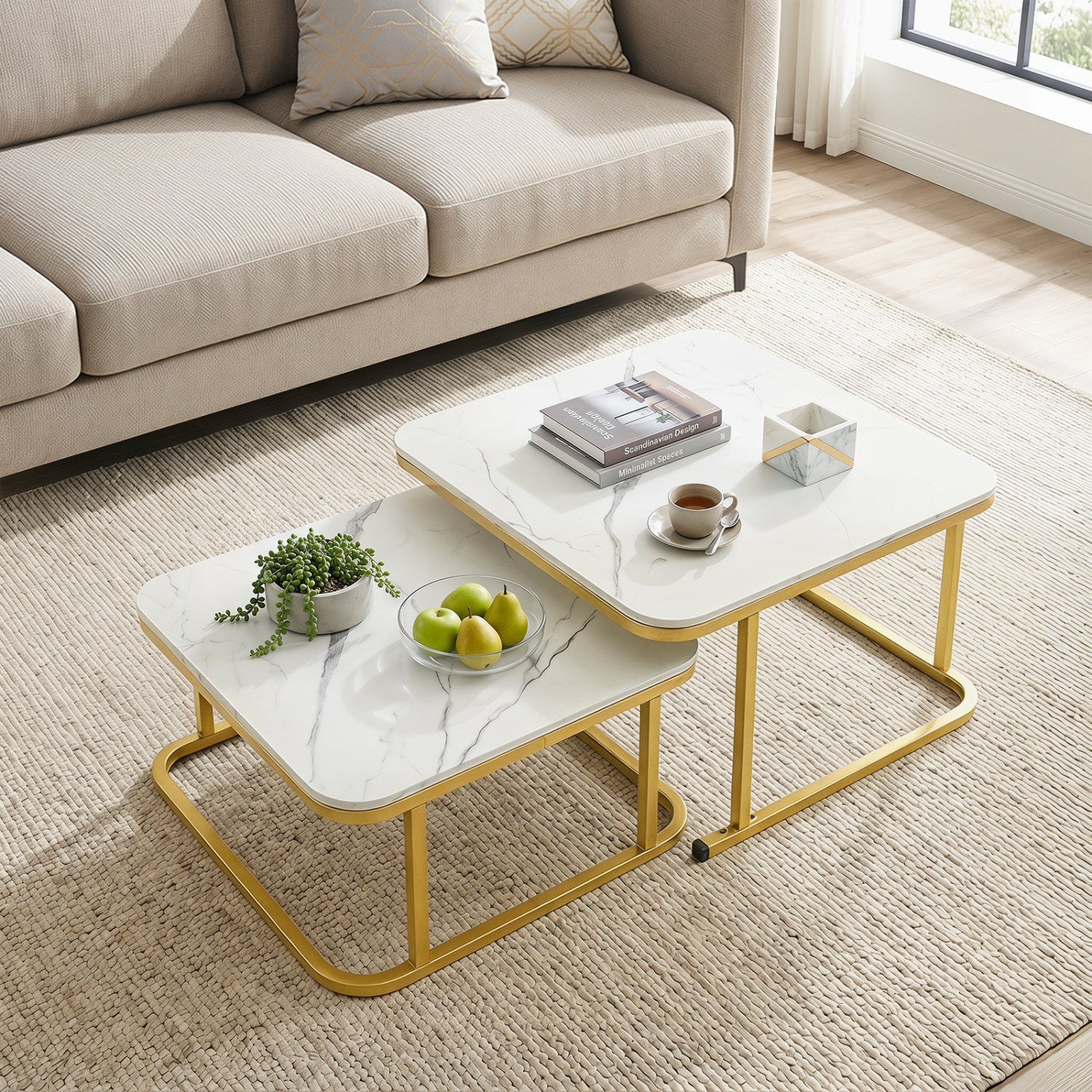 Nesting Coffee Table Set Of 2, Faux Marble Top, White Coffee Tables at Gallery Canada