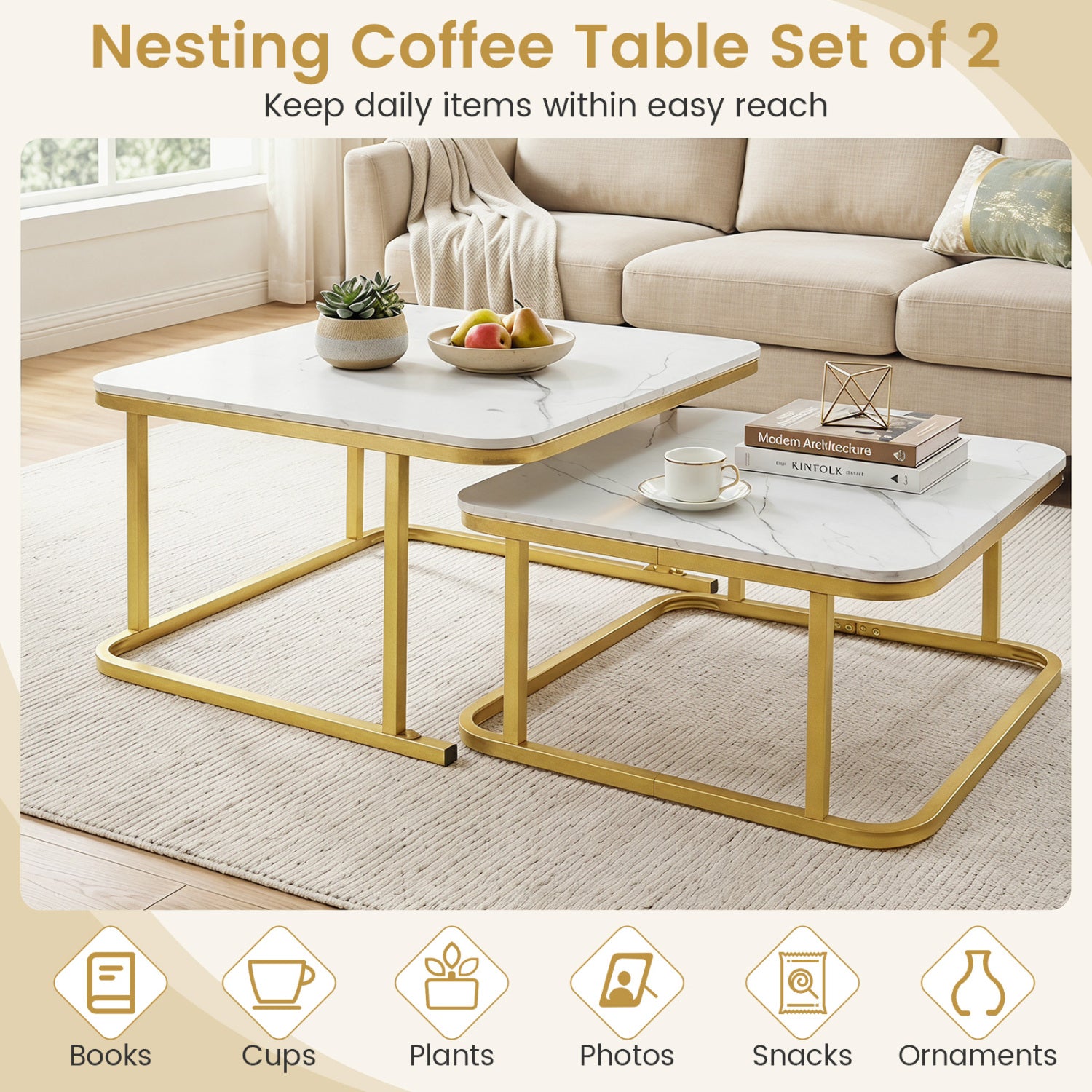 Nesting Coffee Table Set Of 2, Faux Marble Top, White Coffee Tables at Gallery Canada