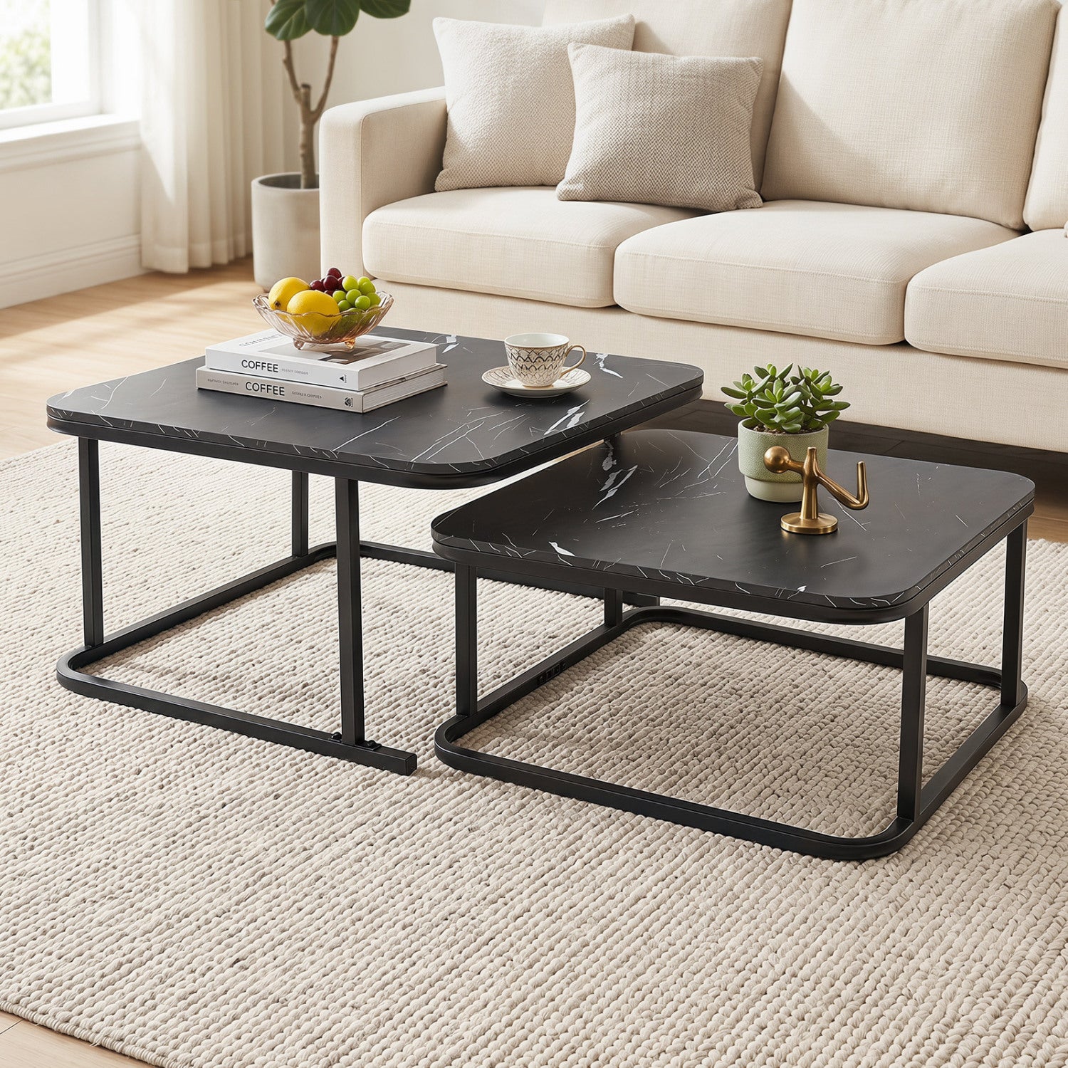 Nesting Coffee Table Set of 2 with Faux Marble Top and Metal Frame, Black Coffee Tables at Gallery Canada