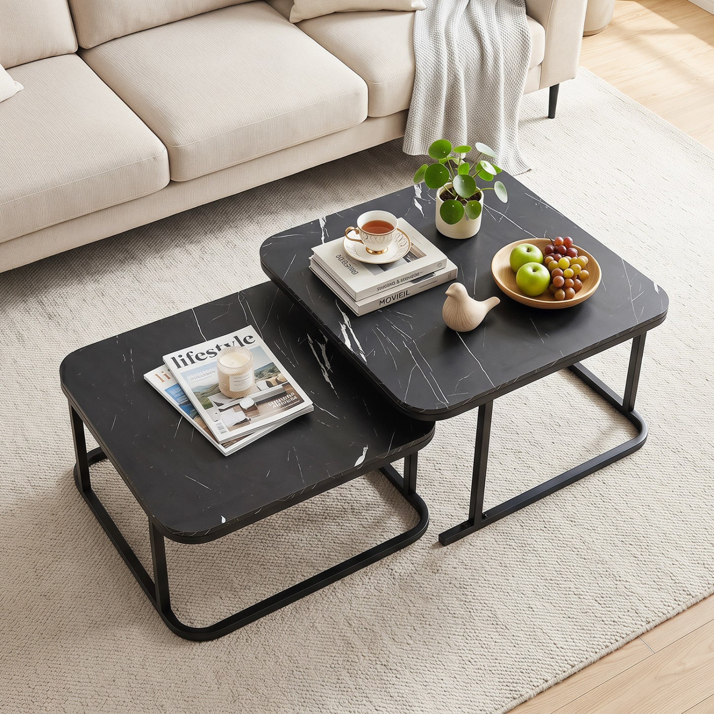 Nesting Coffee Table Set of 2 with Faux Marble Top and Metal Frame, Black Coffee Tables at Gallery Canada