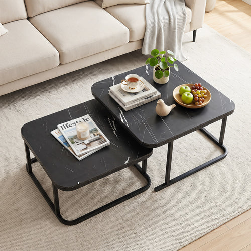 Nesting Coffee Table Set of 2 with Faux Marble Top and Metal Frame, Black